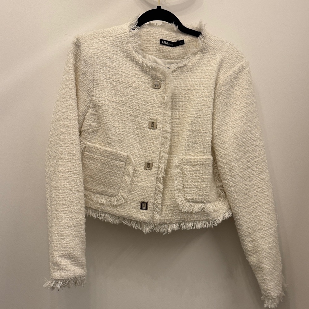 INA Cream Tweed Fringe Cropped Blazer